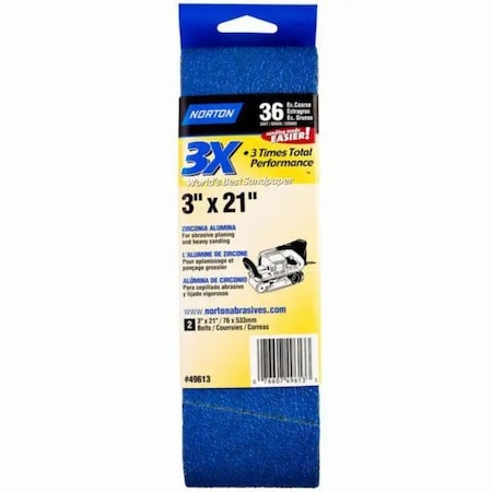 Norton Co 3" x 21" 3X Belt BlueFire Portable Sanding Belt 36-Grit, PK 2 02228